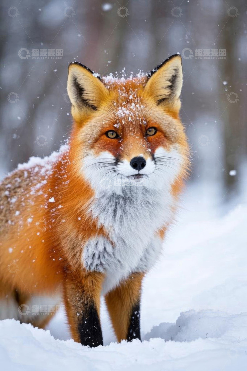 高清大图下载【趣麦麦图】雪地中的红狐狸特写
