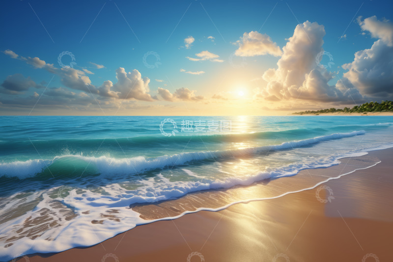 高清大图下载【趣麦麦图】海滩海浪与夕阳风景