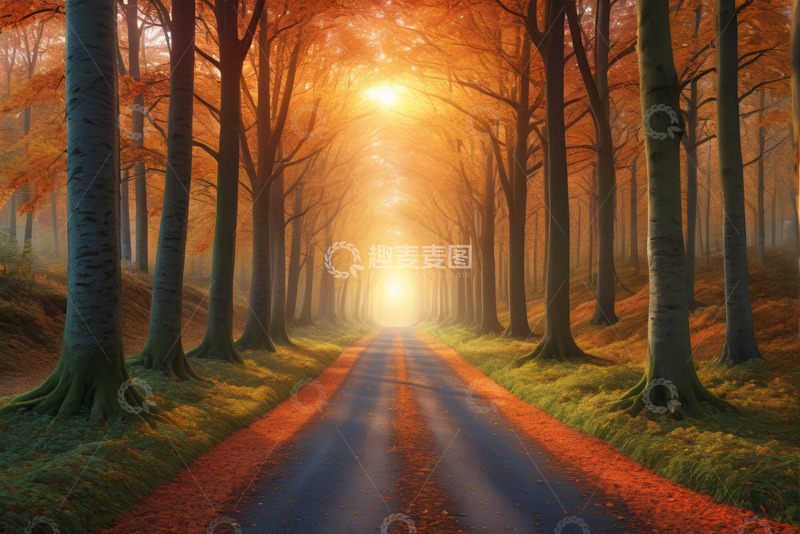 高清大图下载【趣麦麦图】秋日森林阳光洒落道路景象