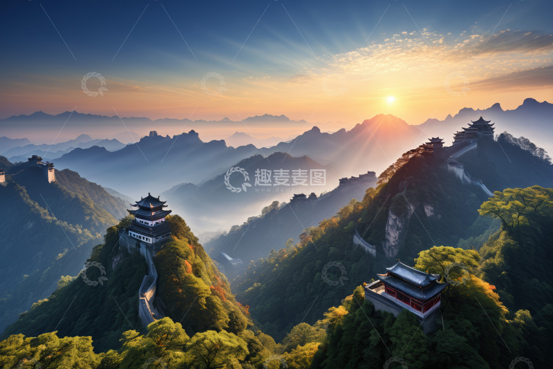 高清大图下载【趣麦麦图】中国山峦古建筑日出景观