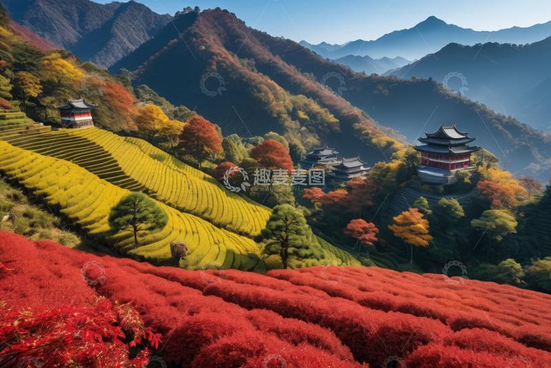 高清大图下载【趣麦麦图】秋日山间梯田与传统建筑景观