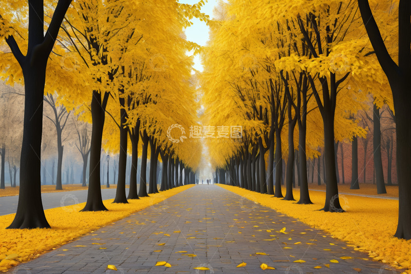 高清大图下载【趣麦麦图】秋日金黄树林中的林荫道