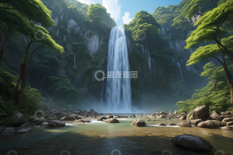 高清大图下载【趣麦麦图】森林中的壮丽瀑布景观
