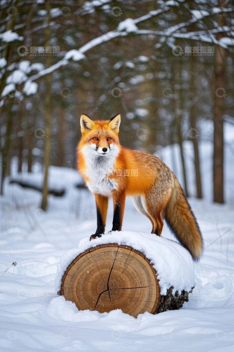 高清大图下载【趣麦麦图】雪林中站立在圆木上的狐狸