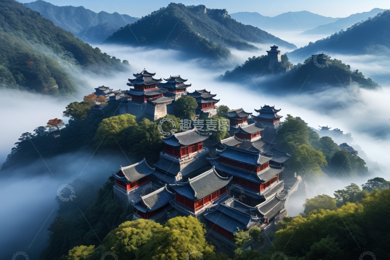 高清大图下载【趣麦麦图】山间古建筑群全景