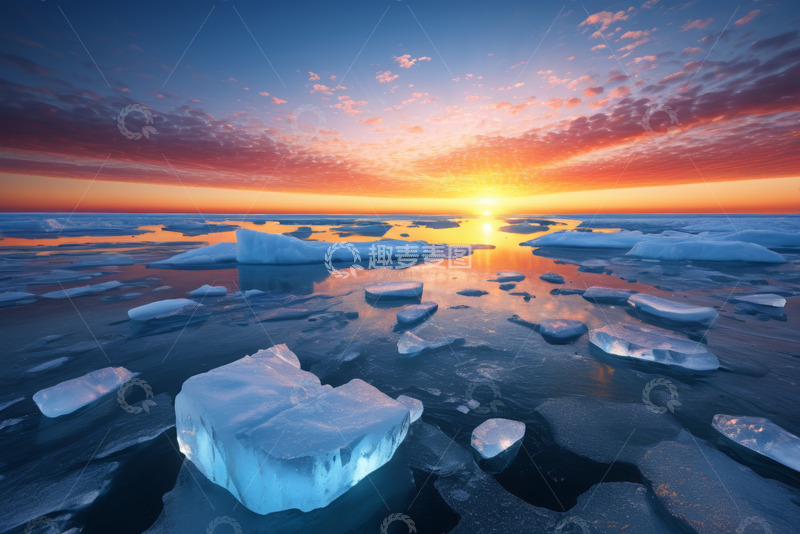 高清大图下载【趣麦麦图】海上浮冰与日出景象