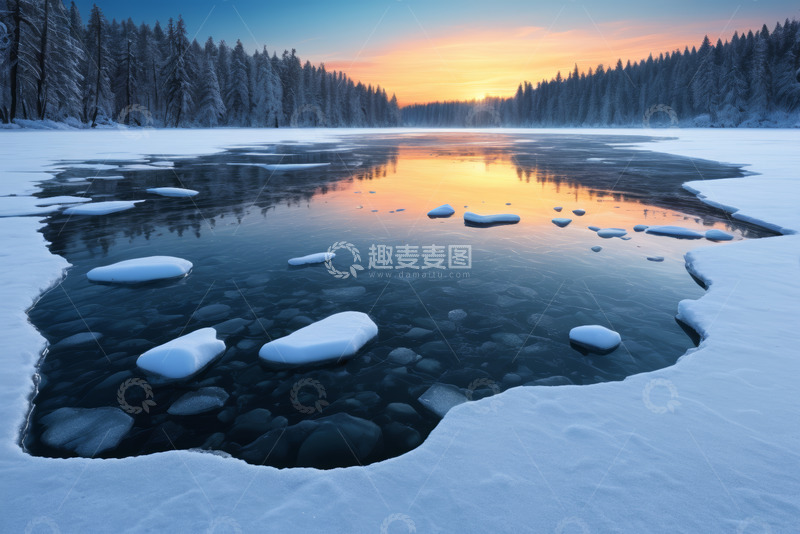 高清大图下载【趣麦麦图】冬日雪地森林边的结冰湖面