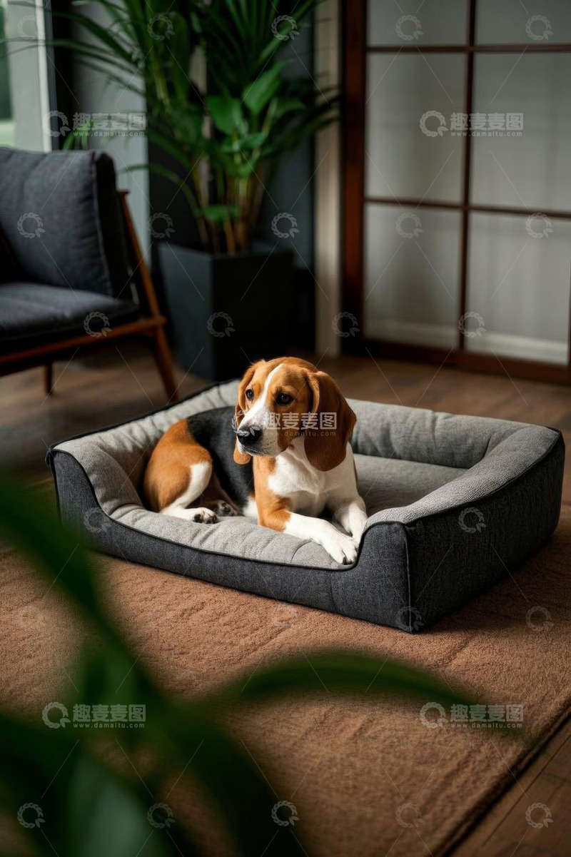 高清大图下载【趣麦麦图】室内小猎犬卧于狗窝中
