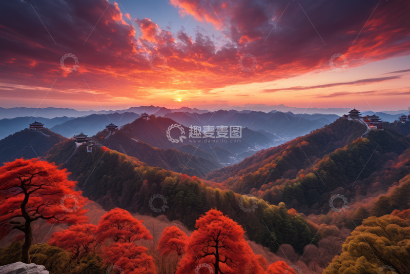 高清大图下载【趣麦麦图】山间日落美景与红叶景观