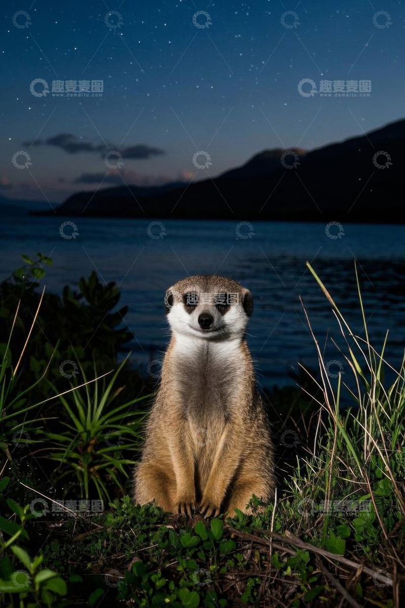 高清大图下载【趣麦麦图】夜晚水边站立的猫鼬