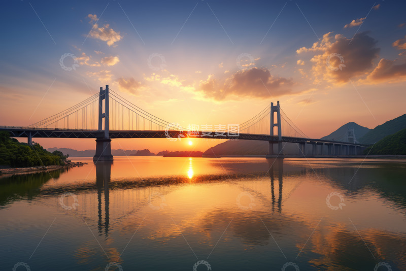 高清大图下载【趣麦麦图】夕阳下的跨江大桥全景