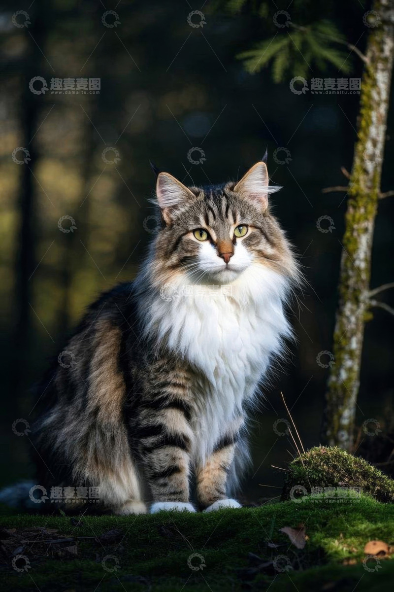 高清大图下载【趣麦麦图】森林中坐立的长毛猫