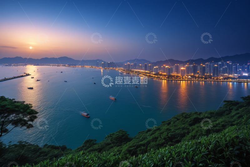 高清大图下载【趣麦麦图】海滨城市黄昏海港全景