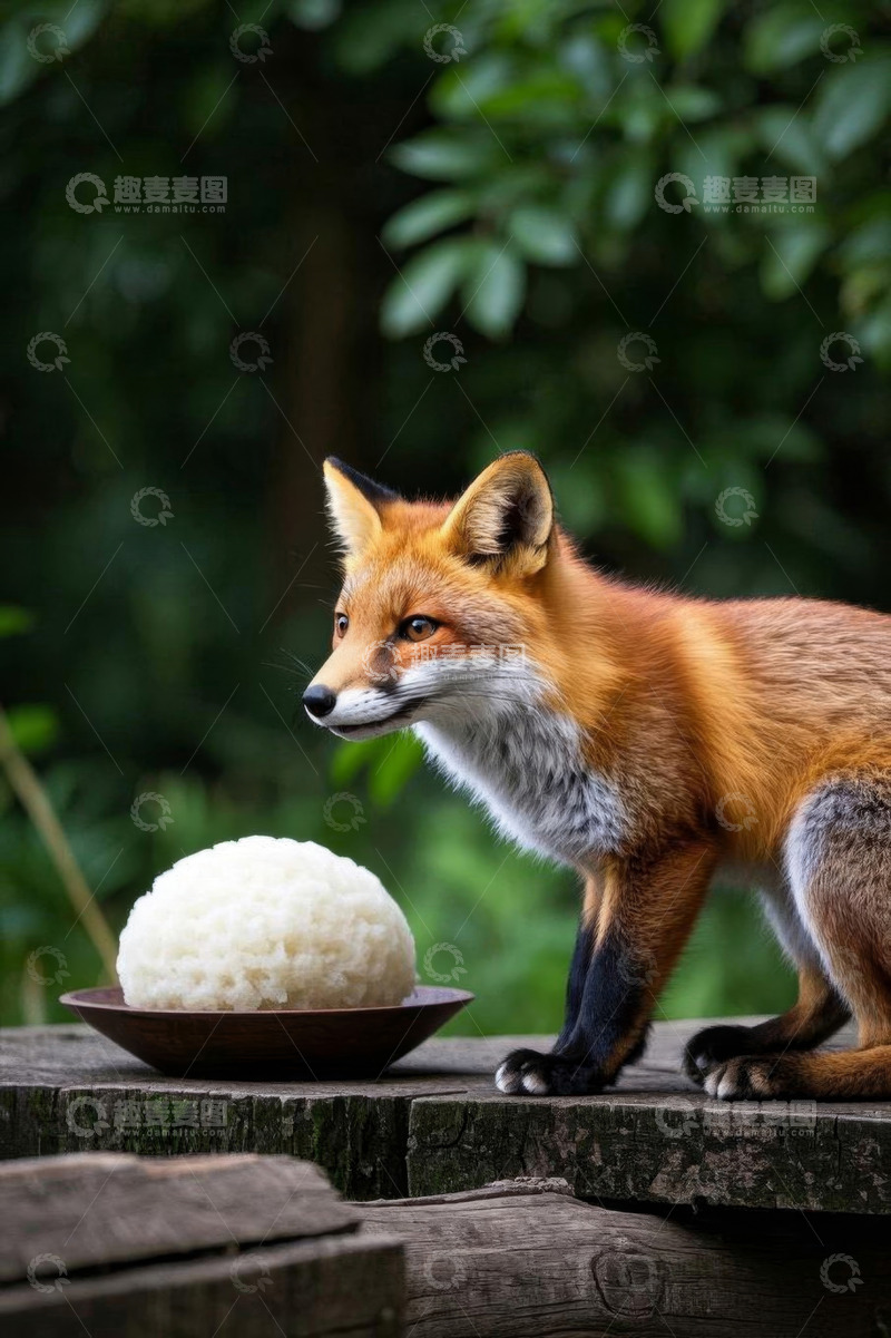高清大图下载【趣麦麦图】户外木台上的狐狸与米饭