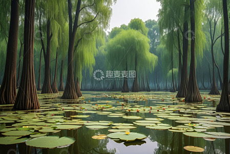 水域中生长的垂柳与睡莲景观