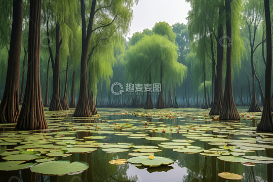 水域中生长的垂柳与睡莲景观