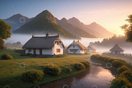 乡村清晨山间小屋田园风光