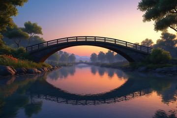 夕阳下河畔拱桥自然风光