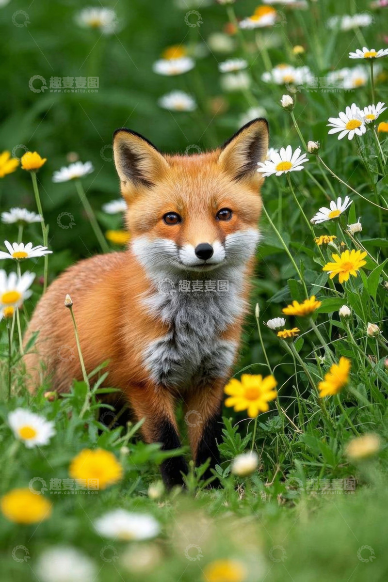 高清大图下载【趣麦麦图】花丛中站立的红狐狸