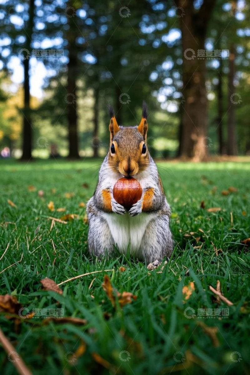 高清大图下载【趣麦麦图】草地上持坚果的松鼠