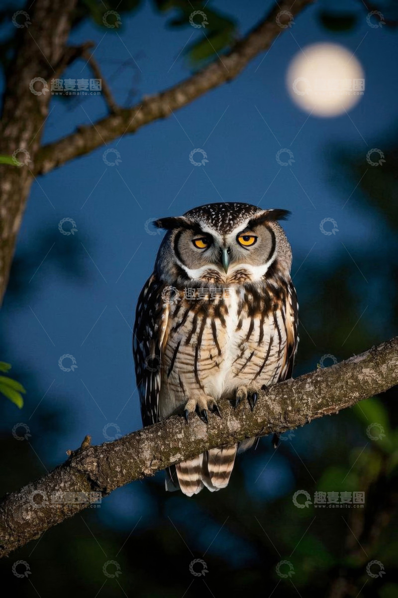高清大图下载【趣麦麦图】夜间树枝上栖息的猫头鹰