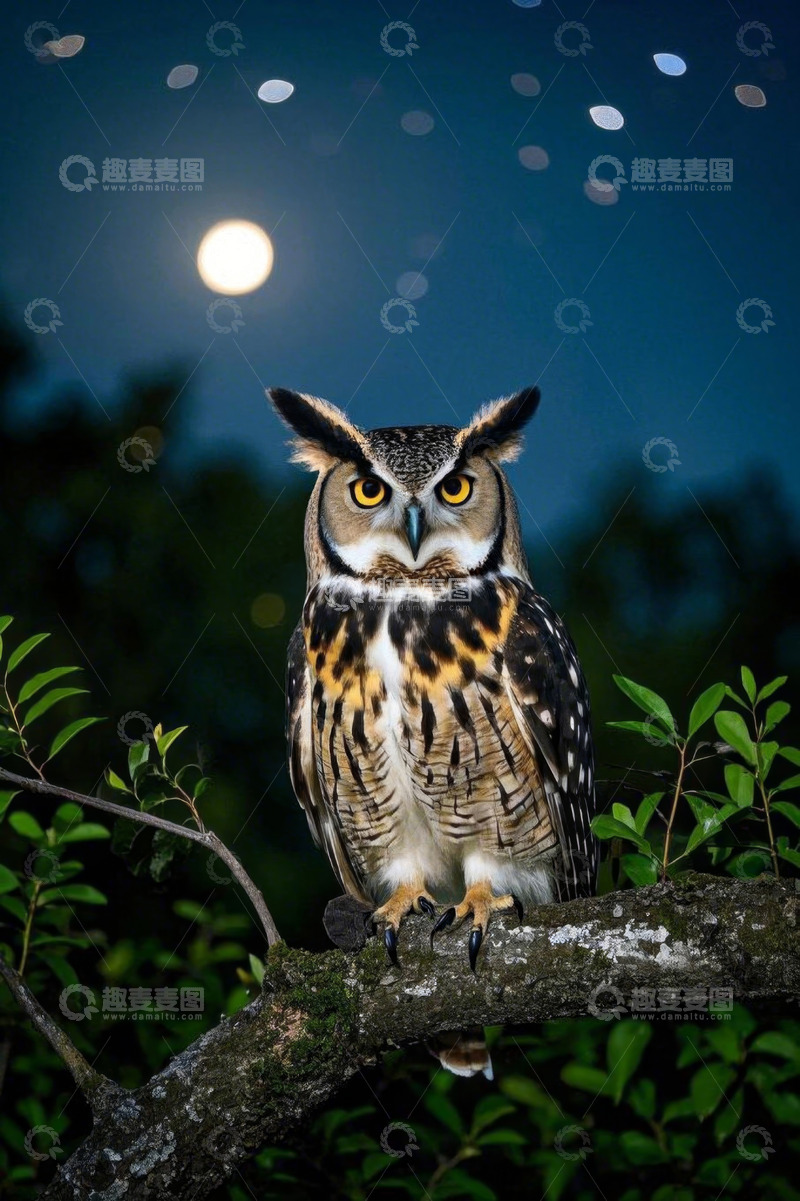 高清大图下载【趣麦麦图】月夜下树枝上的猫头鹰