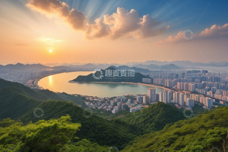 高清大图下载【趣麦麦图】城市海湾日落全景
