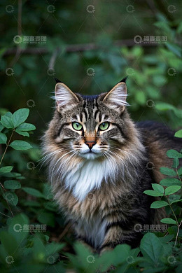 森林中的长毛猫特写