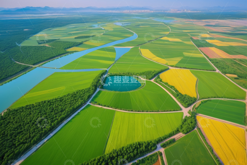 高清大图下载【趣麦麦图】田野河流航拍全景