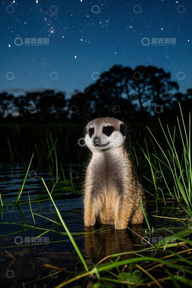 高清大图下载【趣麦麦图】夜晚水边站立的猫鼬