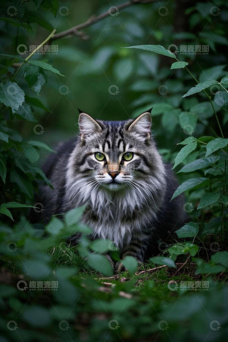 高清大图下载【趣麦麦图】森林中毛发蓬松的猫