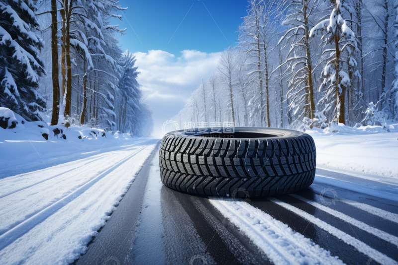 高清大图下载【趣麦麦图】雪地公路上的汽车轮胎