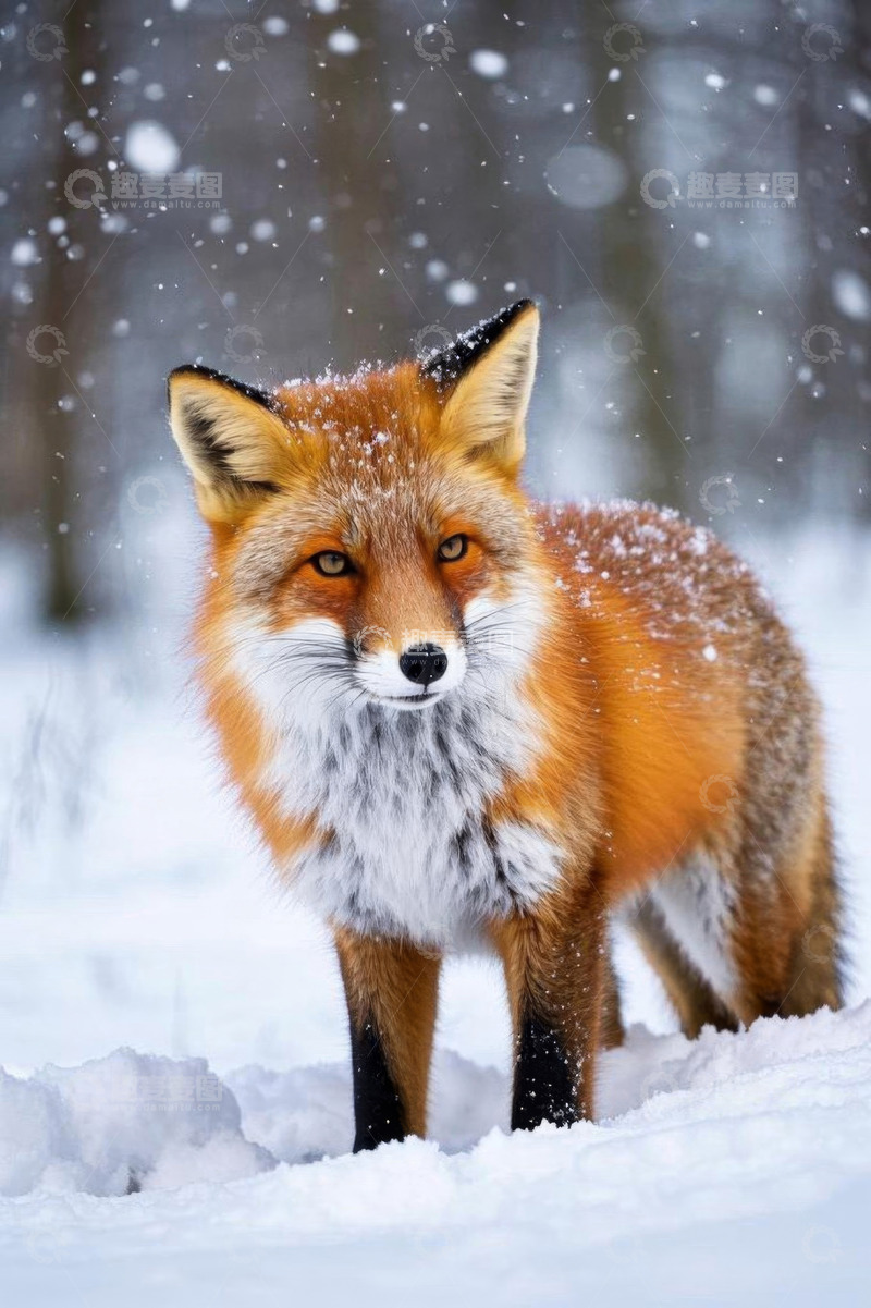 高清大图下载【趣麦麦图】雪地中的红狐狸特写
