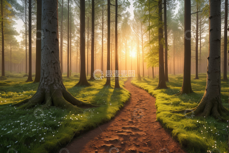 高清大图下载【趣麦麦图】阳光照耀下的森林小径