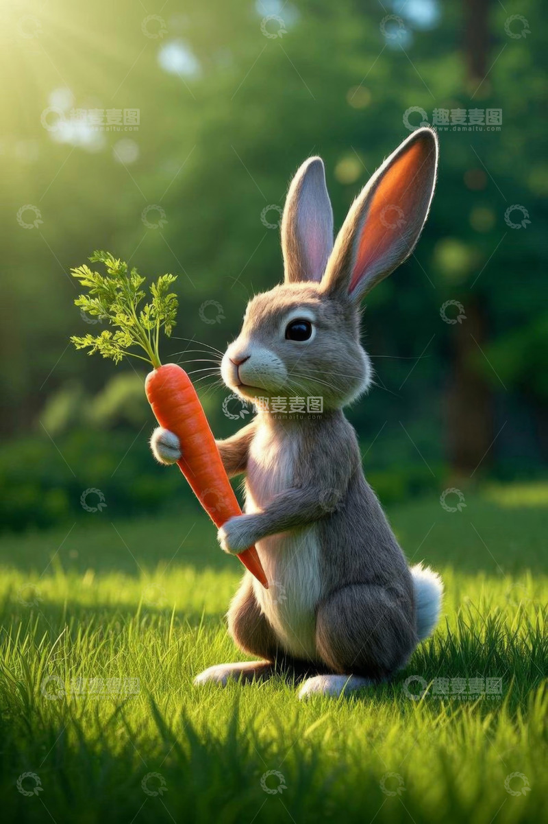 高清大图下载【趣麦麦图】草地上持胡萝卜的可爱兔子