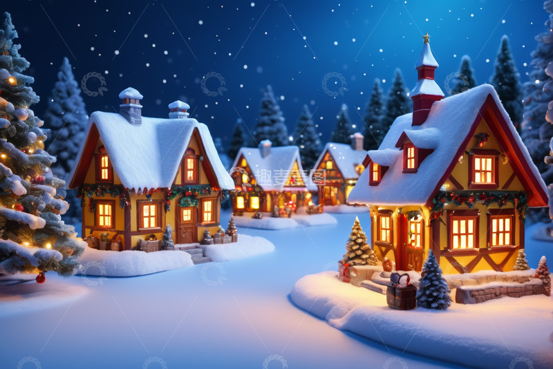 高清大图下载【趣麦麦图】圣诞雪夜中的童话小屋
