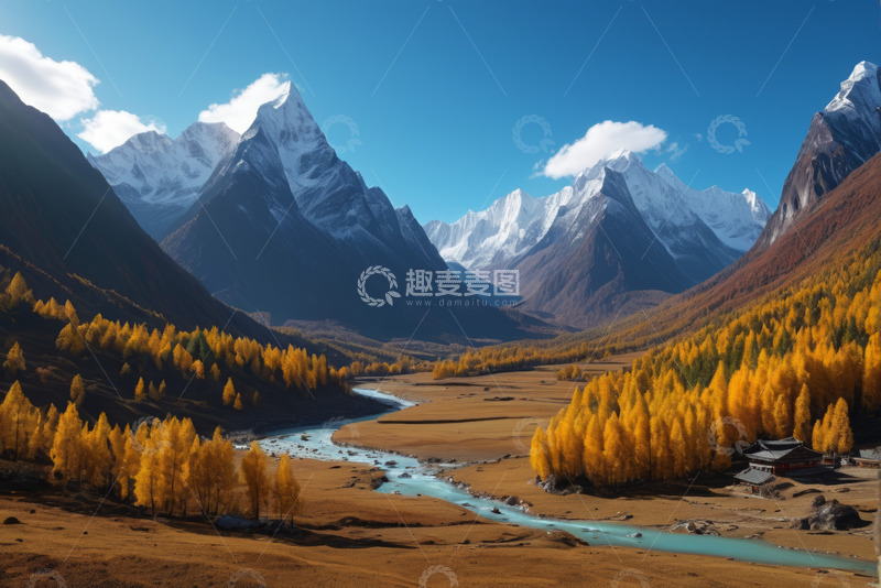 高清大图下载【趣麦麦图】山谷间河流与金黄树林雪山景观