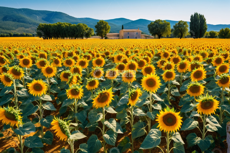 高清大图下载【趣麦麦图】向日葵田与远处房屋景观