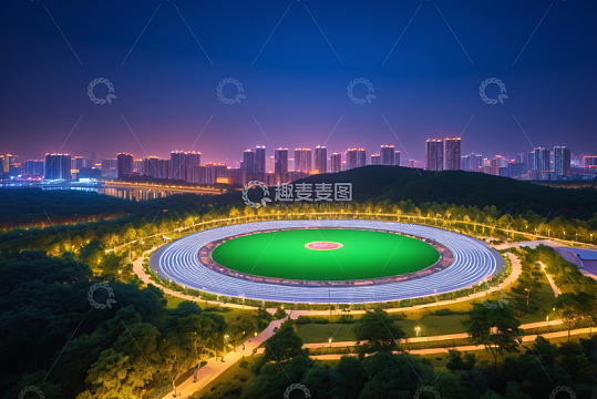 城市夜景下的圆形绿地景观