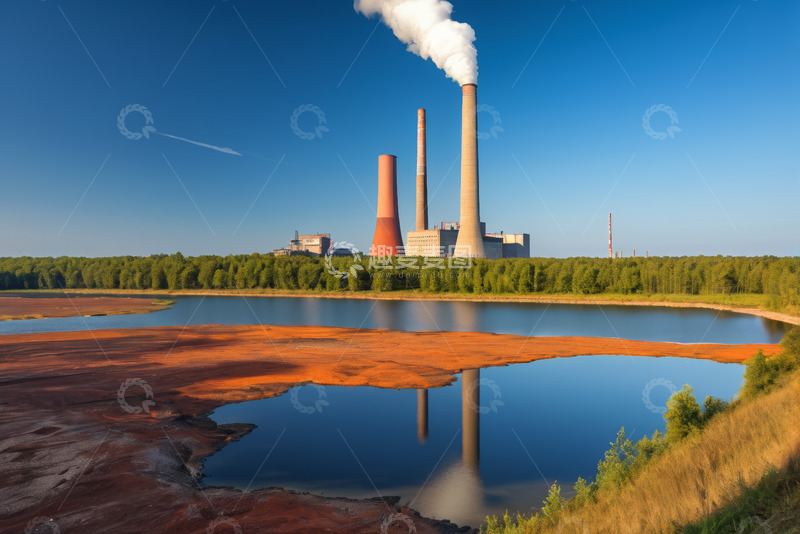 高清大图下载【趣麦麦图】湖边工厂烟囱远景