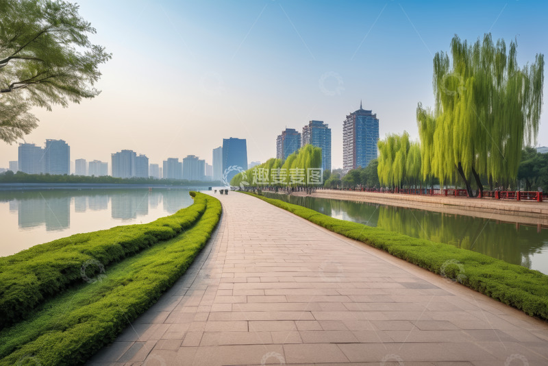 高清大图下载【趣麦麦图】城市河畔步道与高楼景观