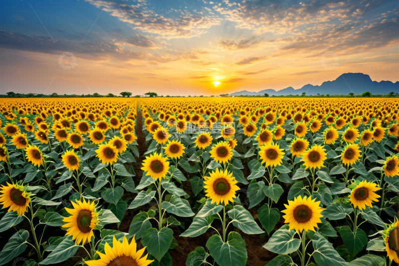 高清大图下载【趣麦麦图】夕阳下的向日葵种植田景观