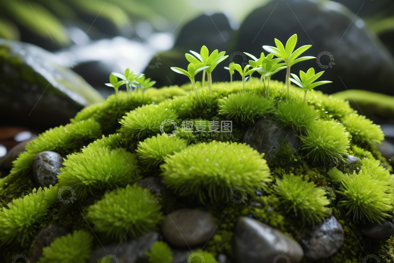 高清大图下载【趣麦麦图】岩石上生长的苔藓与幼苗