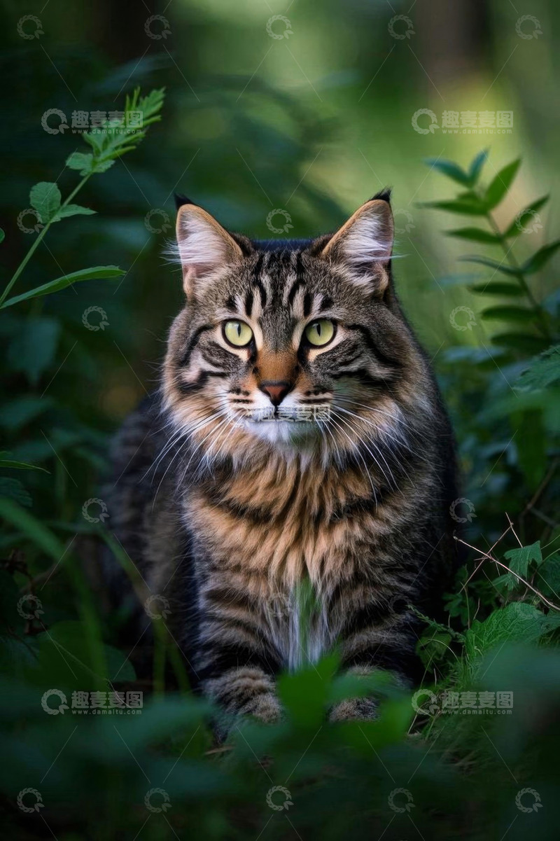 高清大图下载【趣麦麦图】草丛中的长毛虎斑猫