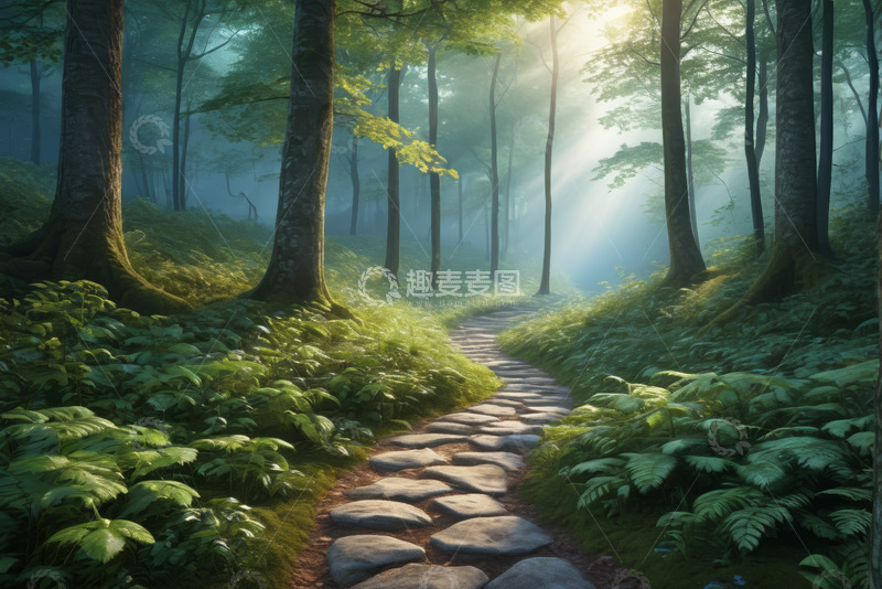 高清大图下载【趣麦麦图】阳光照耀下的森林石板小径