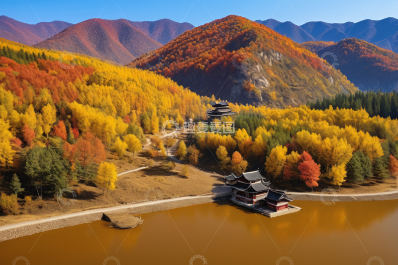 高清大图下载【趣麦麦图】秋季山水间中式建筑风景