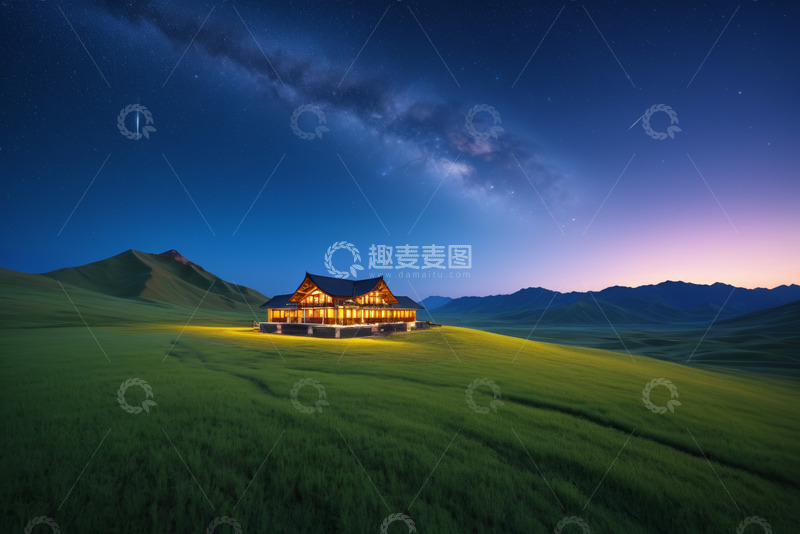 高清大图下载【趣麦麦图】草原上夜晚亮灯的中式房屋