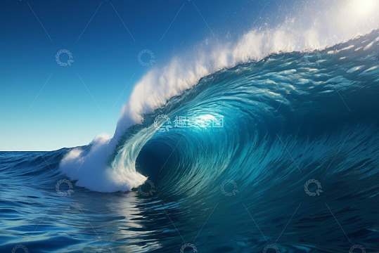 蓝色海洋中翻涌的巨大海浪