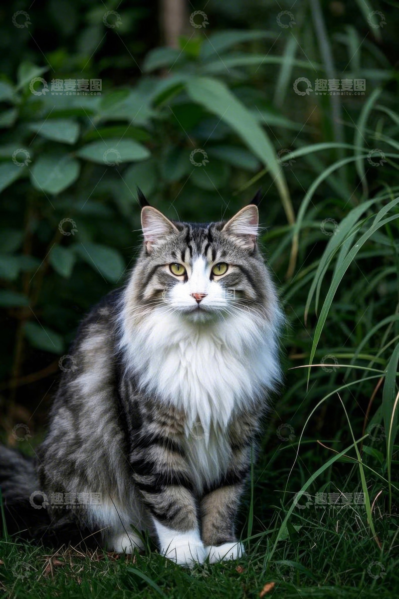 高清大图下载【趣麦麦图】草丛中坐着的长毛猫
