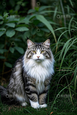 草丛中坐着的长毛猫